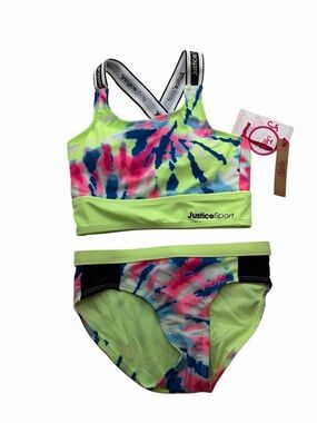 Justice Girls UPF 50+ 2-Piece Bikini Swimsuit Set Neon Lime Tie-Dye Size M (10)